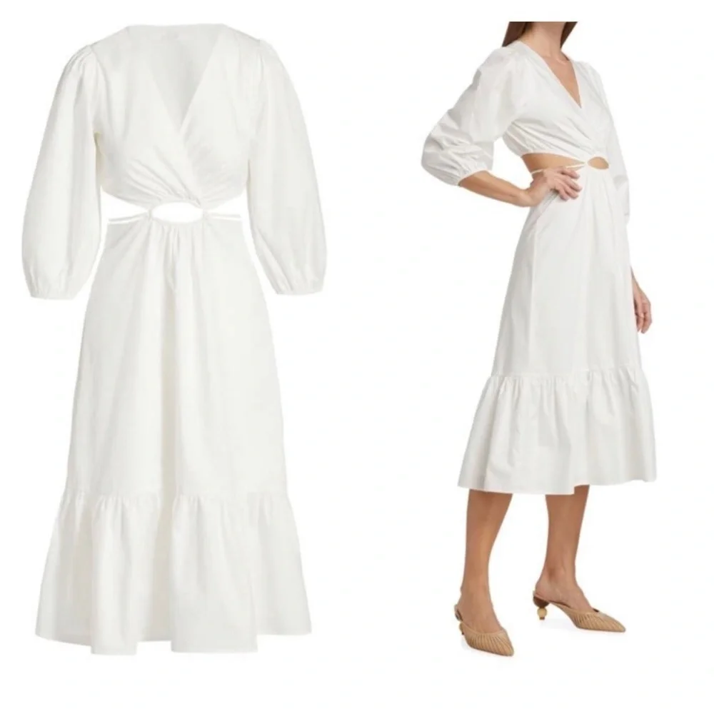ASTR White Cutout Surplice Midi Dress Puff Sleeve Resort Vacation L NWT - Picture 13 of 14